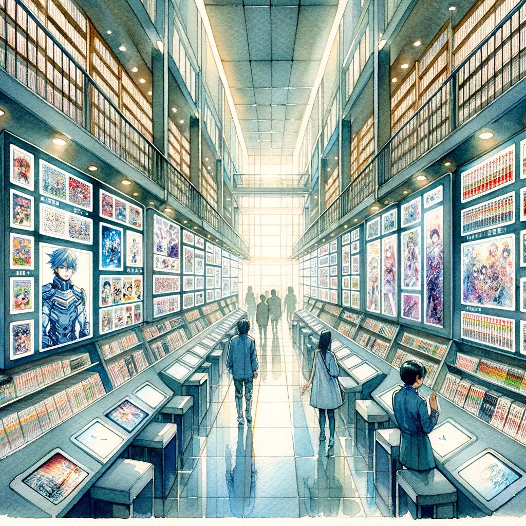 伝統的な書棚がデジタルスクリーンに置き換えられた未来の図書館を描いたイメージ