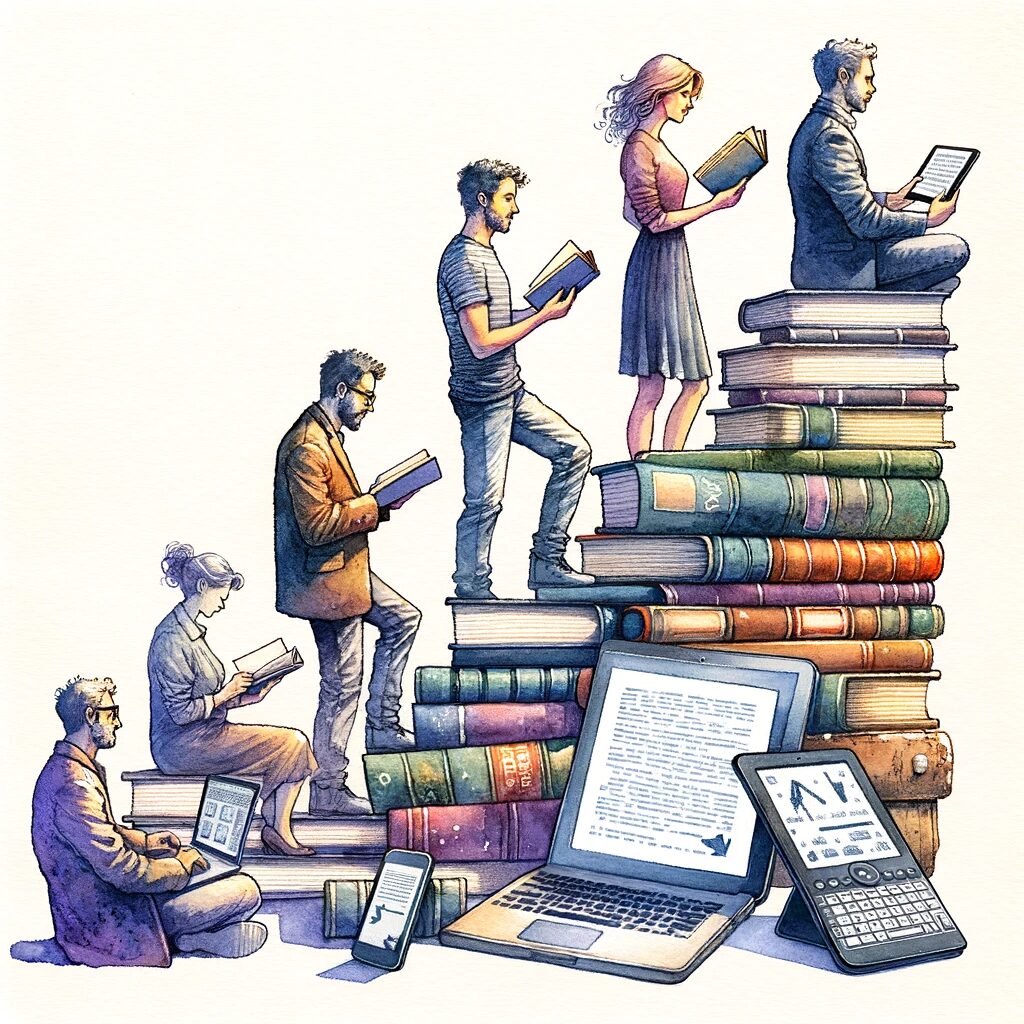 紙の本からデジタルデバイスへの読書の進化を示すイメージ