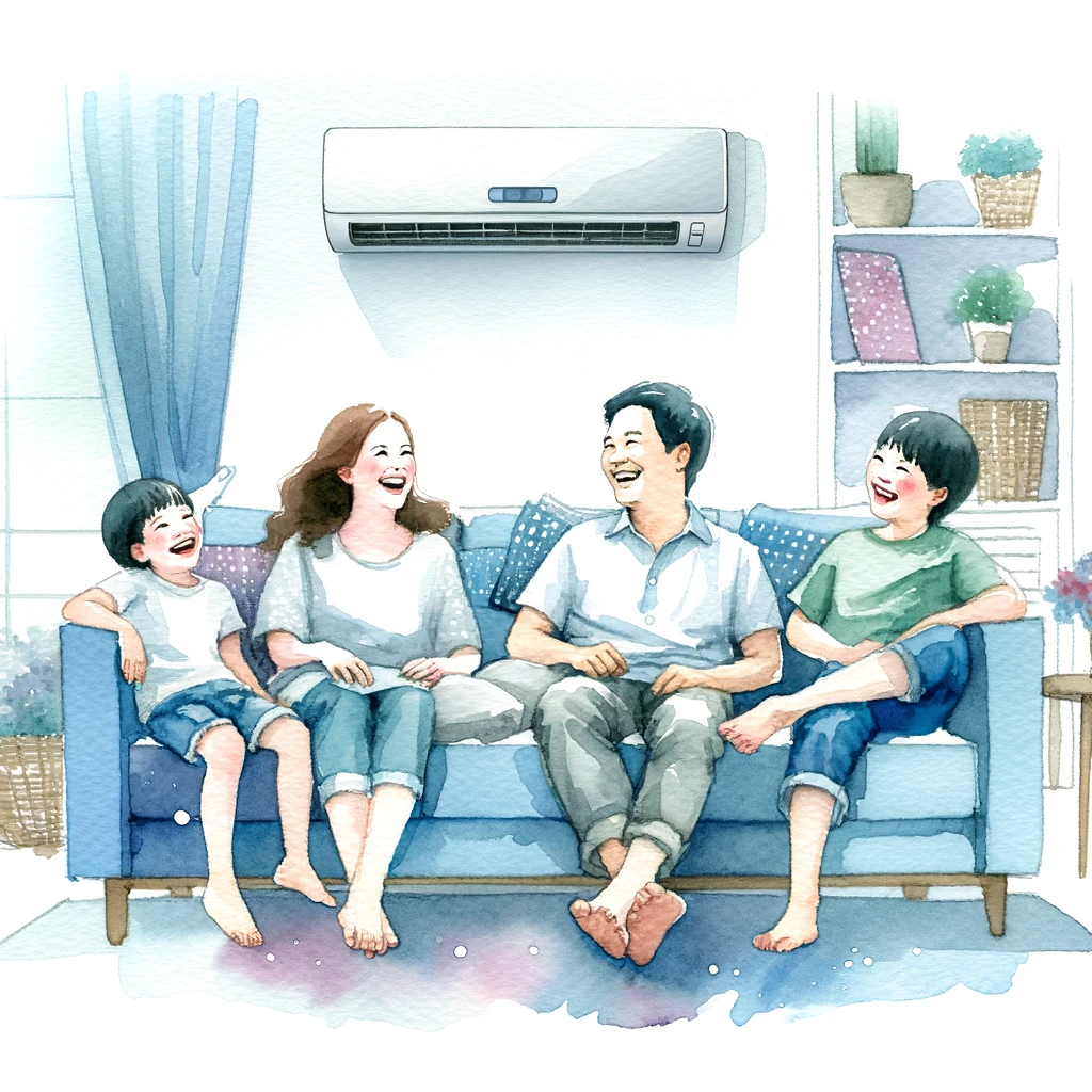 エアコンのある涼しい部屋で楽しむ家族のイラスト