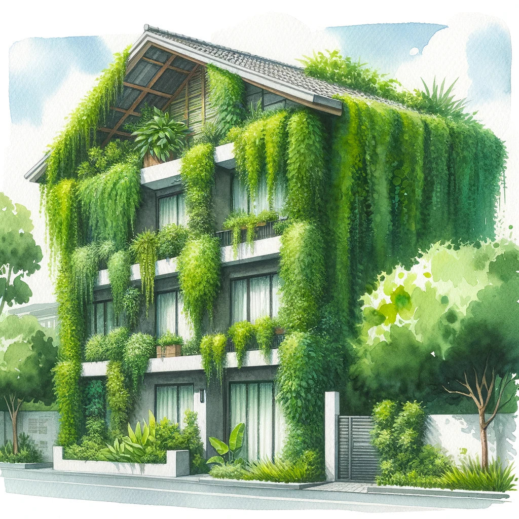 家の外壁を覆う緑豊かな植物のカーテンを描いた