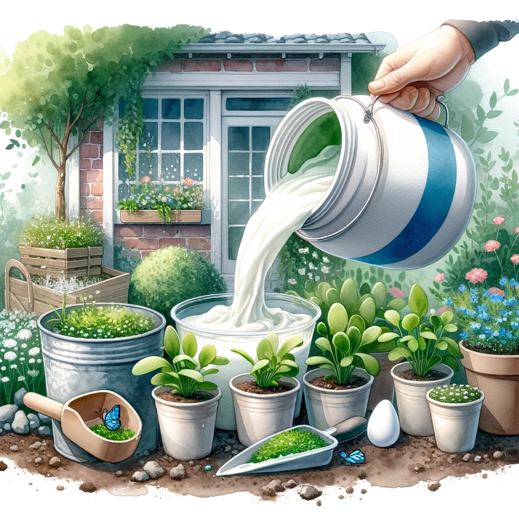 賞味期限が切れたヨーグルトを小さな家庭菜園で肥料として使用している様子