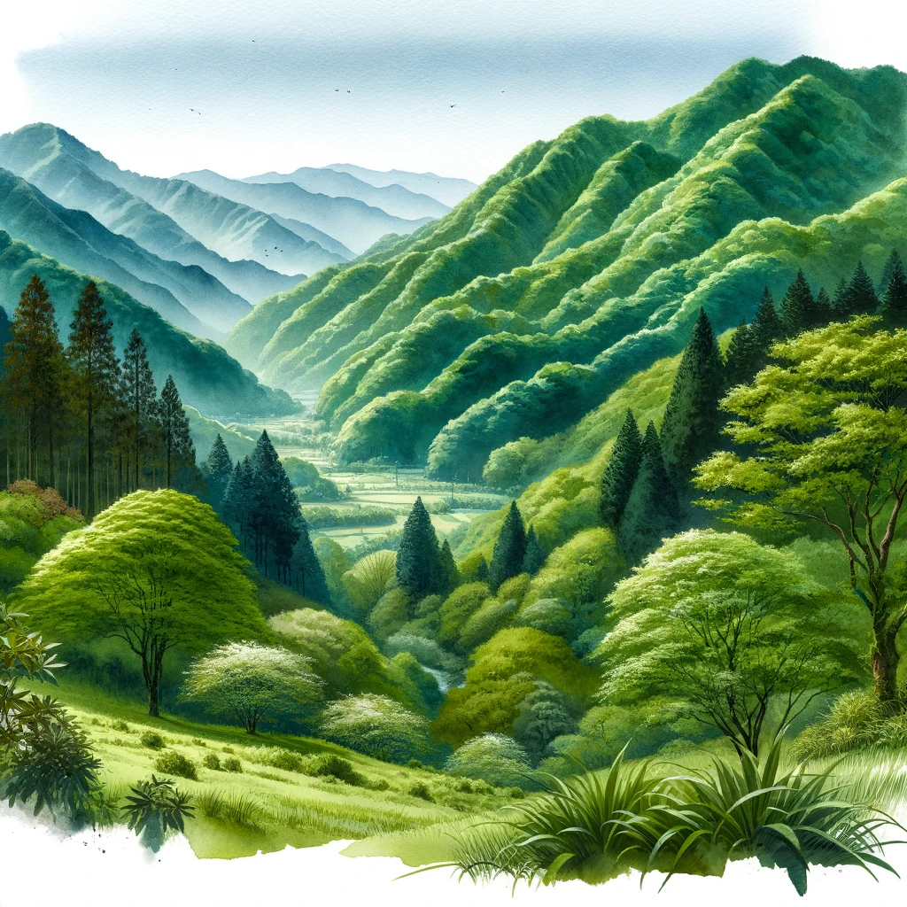 初夏の山々の緑