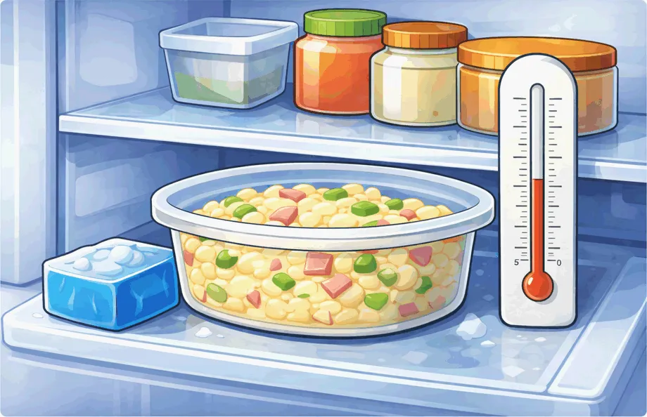 ポテトサラダの日持ち目安を示す冷蔵保存イラスト