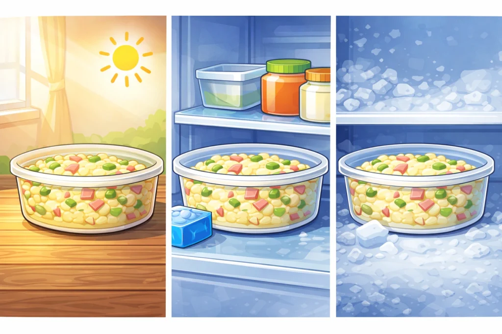 ポテトサラダの日持ちを常温・冷蔵・冷凍で比較した保存方法イラスト