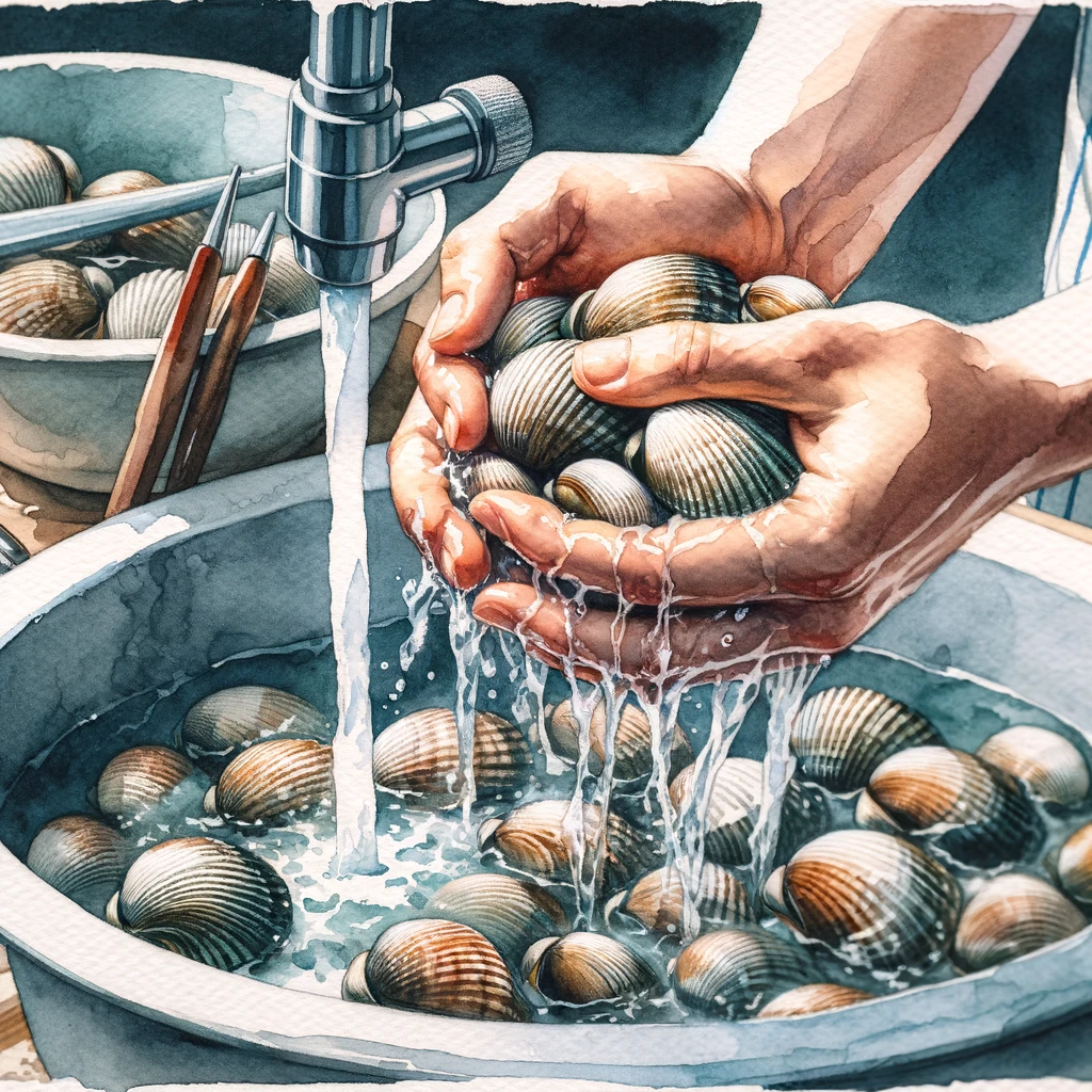 キッチンでのホンビノス貝の安全な洗浄プロセスを示す水彩画