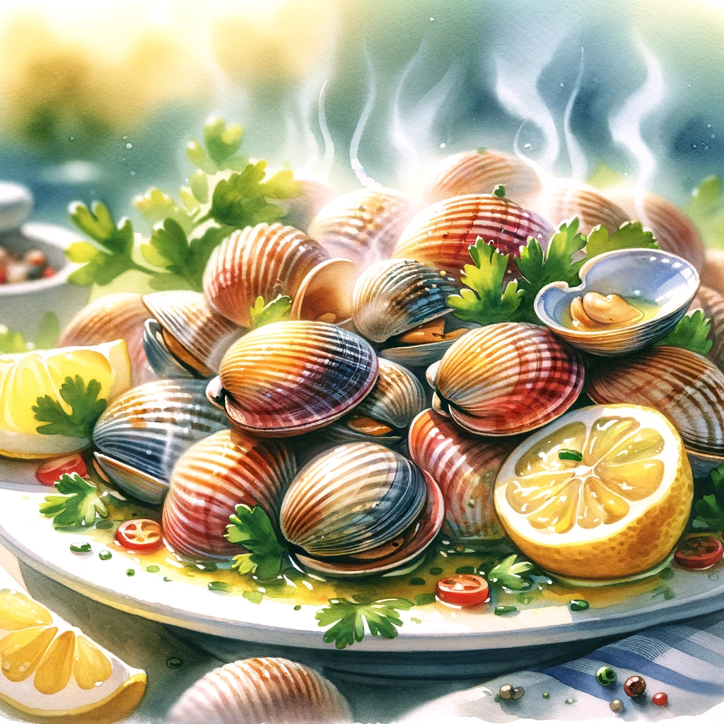 ホンビノス貝を使った美味しい料理を描いた水彩イラスト