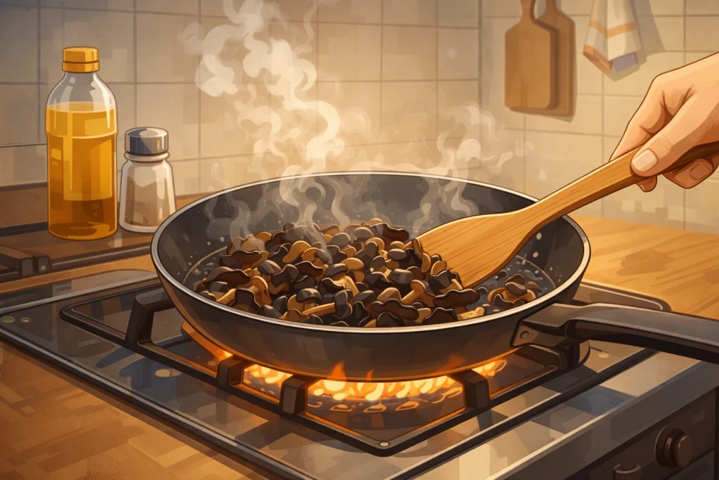 フライパンで乾燥きくらげをしっかり加熱しているイラスト