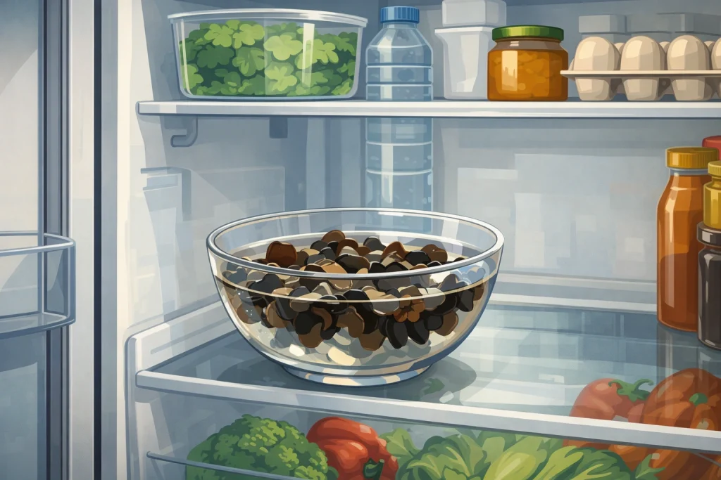 冷蔵庫で乾燥きくらげを水戻ししているイラスト