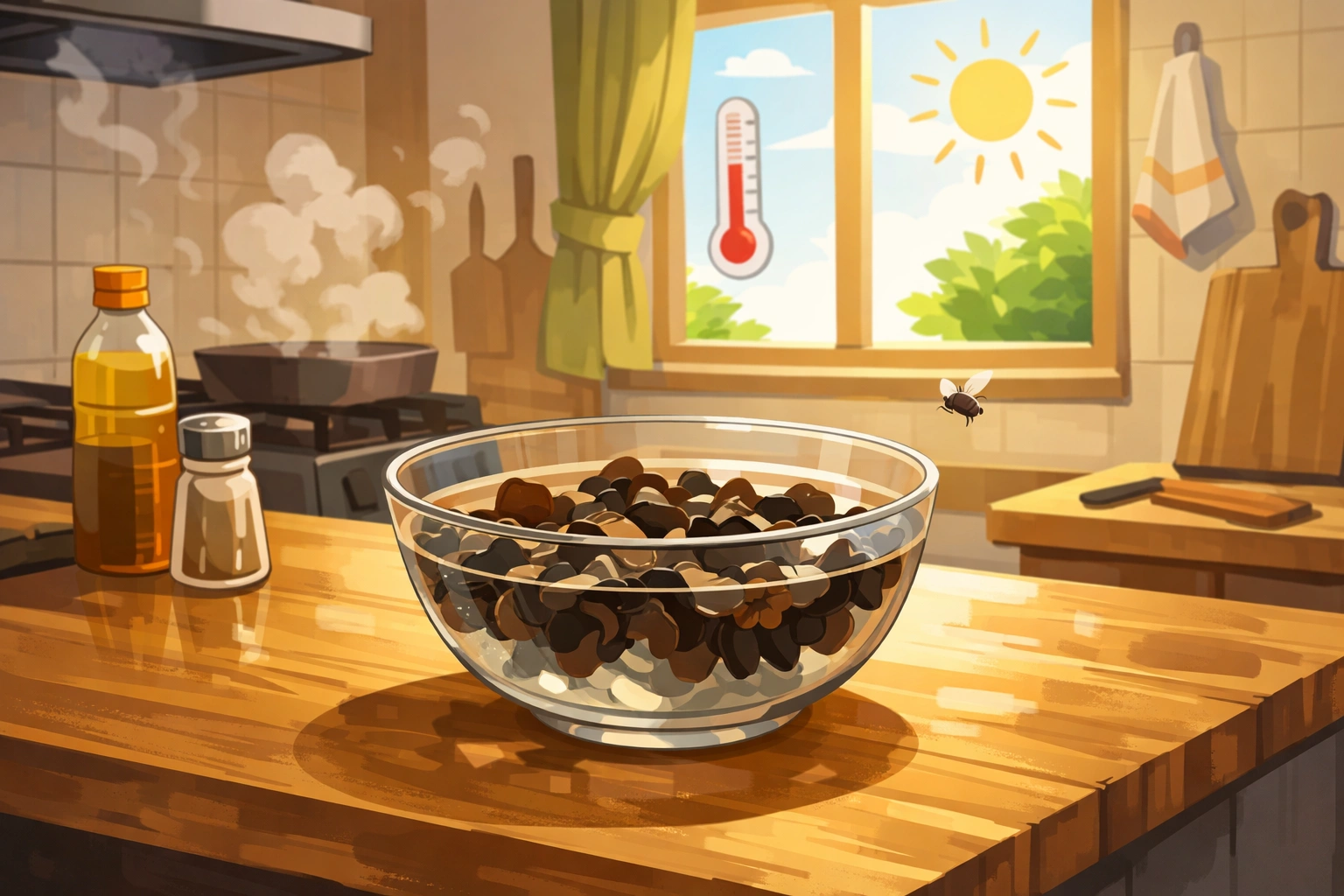 乾燥きくらげを常温で水戻ししている様子のイラスト