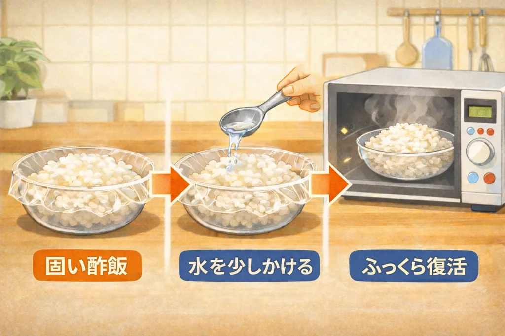 硬くなった酢飯に水を少しかけて電子レンジで温めるとふっくら復活する方法