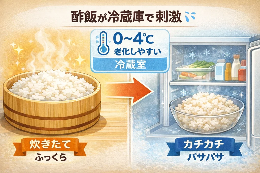 酢飯が冷蔵庫で硬くなる理由を示すデンプン老化のイラスト
