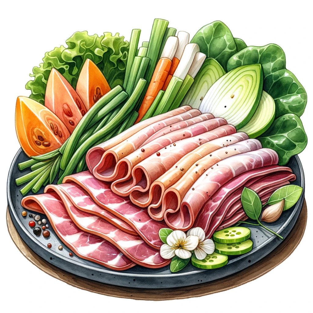 健康的な茹で豚タンと野菜のプレート
