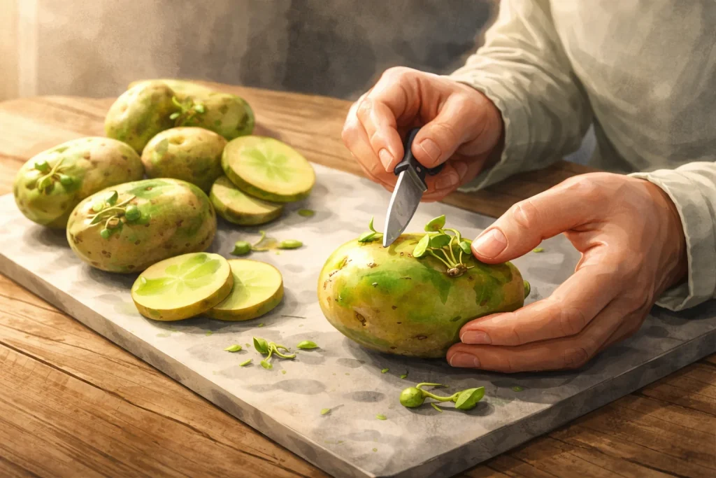 緑色に変色したじゃがいもと芽の部分を確認している様子