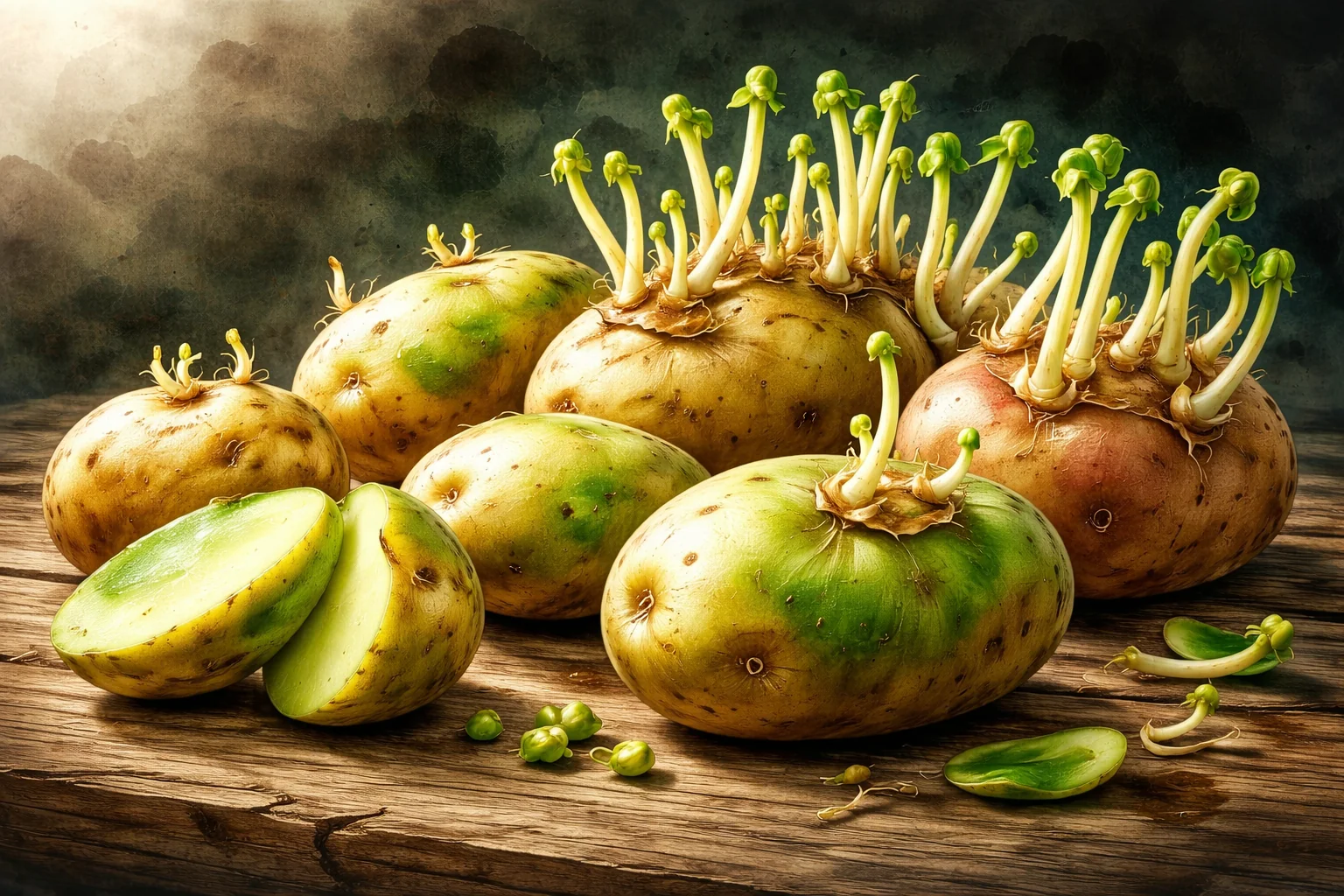 芽が伸びて緑色に変色した苦いじゃがいも（ソラニンに注意）