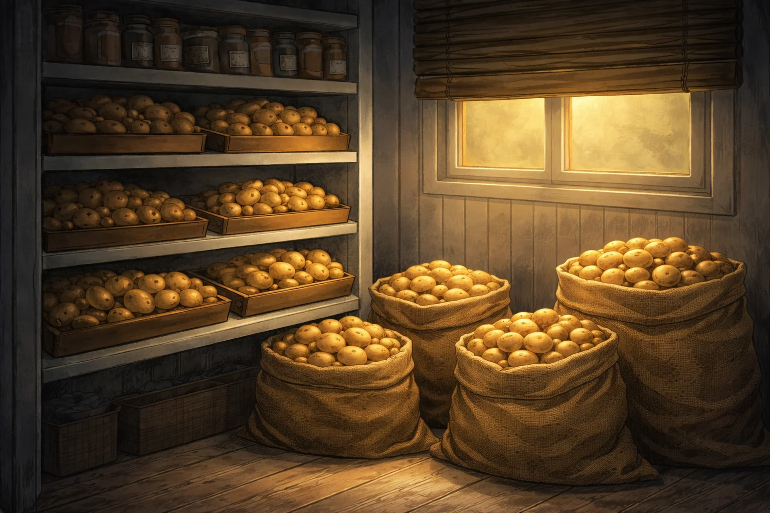 直射日光を避けた暗く涼しい場所で保存されているじゃがいも