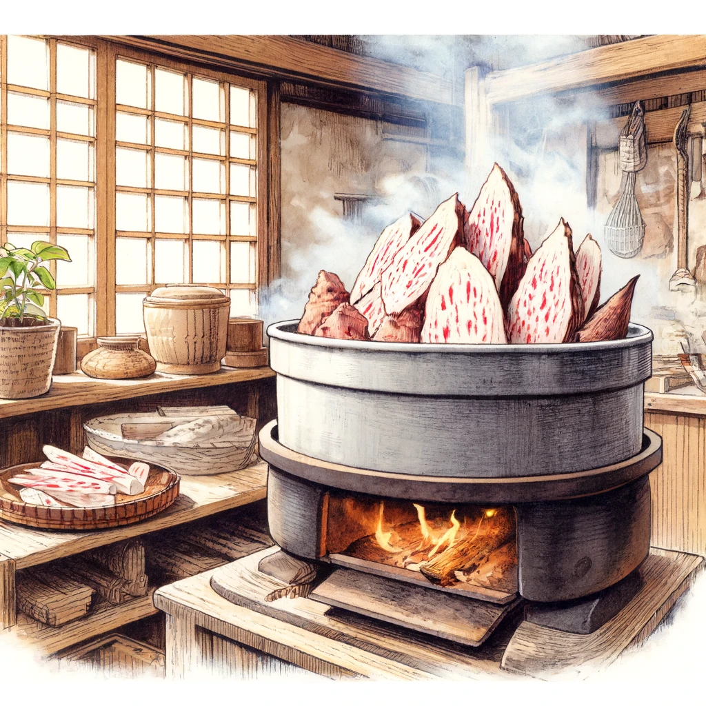 伝統的な日本のキッチンで里芋を調理する水彩シーン