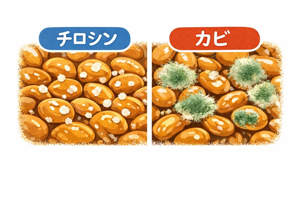 納豆のチロシン結晶とカビの違いを比較したイラスト