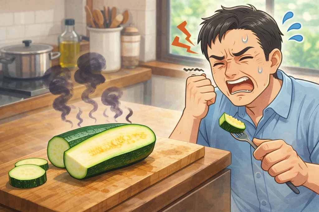 強い苦味に顔をしかめる日本人男性と、危険信号を示すズッキーニのイラスト