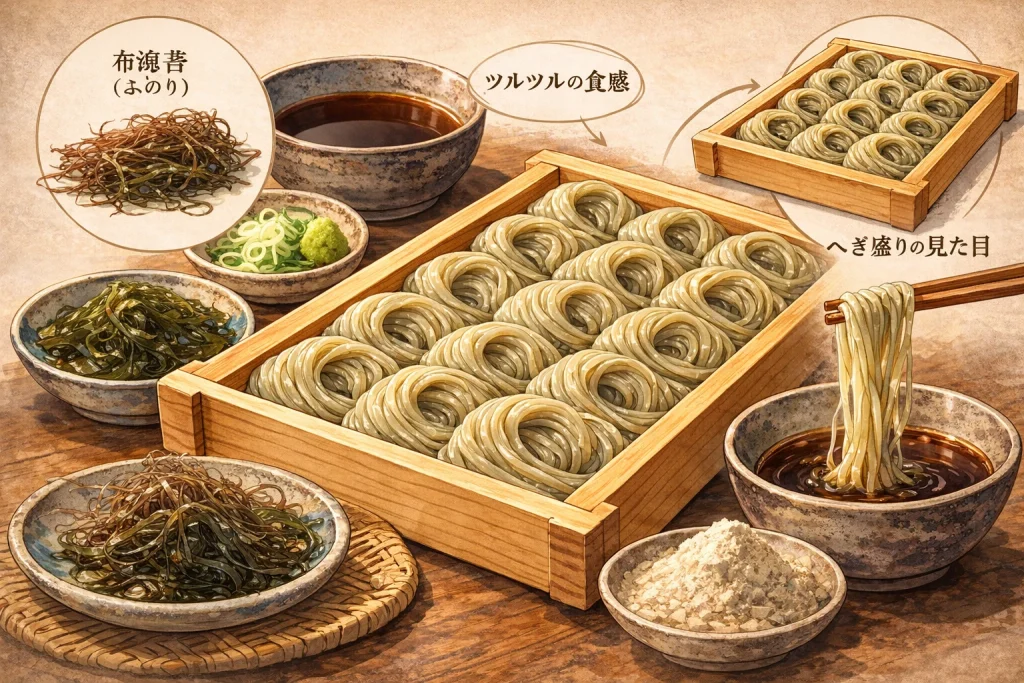 布海苔を使った新潟名物へぎそばの特徴が分かるイラスト