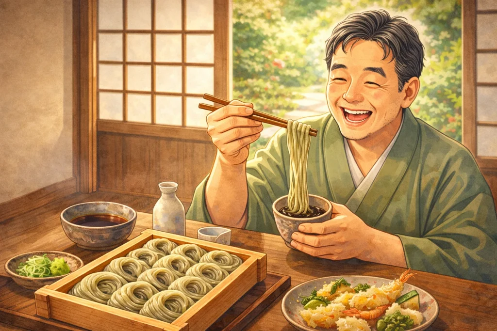 天ぷらと日本酒と一緒にへぎそばを楽しむ様子のイラスト