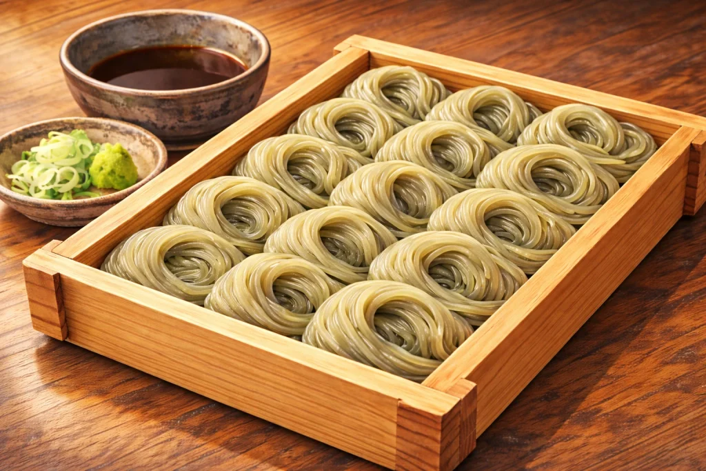 木製のへぎに盛り付けられた新潟名物へぎそばのイラスト