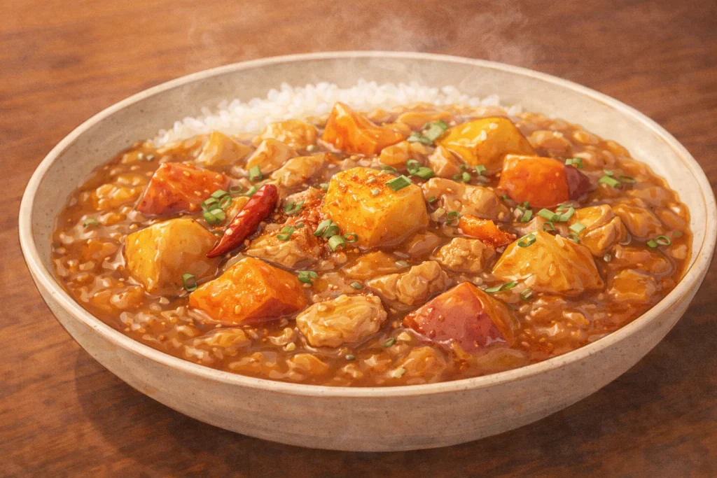 具材とスパイスのバランスが整った、さつまいも入りカレーのイラスト