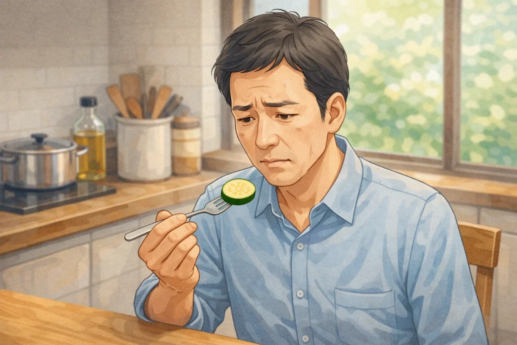 苦味に違和感を覚え、ズッキーニを食べるのをためらう日本人男性のイラスト