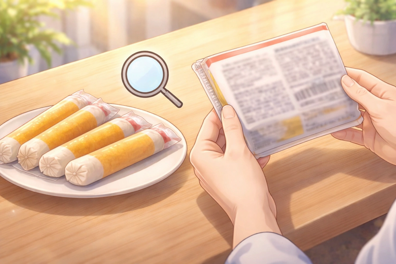 ちーかまのパッケージ裏面の成分表示を確認している手元のイラスト