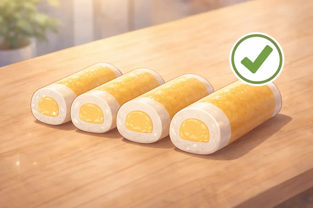 ちーかまを輪切りにして魚肉部分とチーズ部分の構造が分かるイラスト