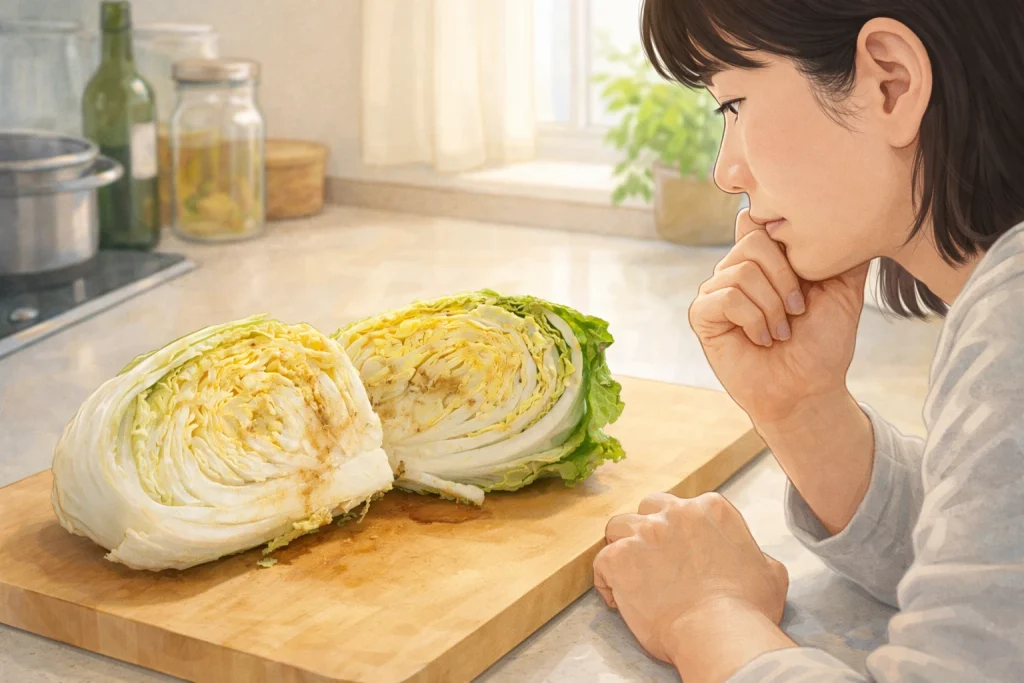 すっぱい白菜を前に食べられるか判断に迷う様子のイラスト