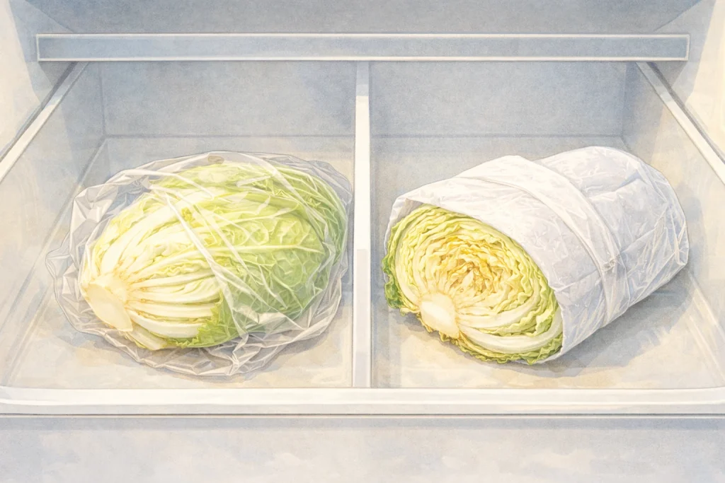 白菜の正しい保存方法と間違った保存方法を比較したイラスト
