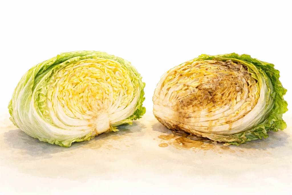 すっぱい白菜の安全な状態と腐敗した状態を比較したイラスト