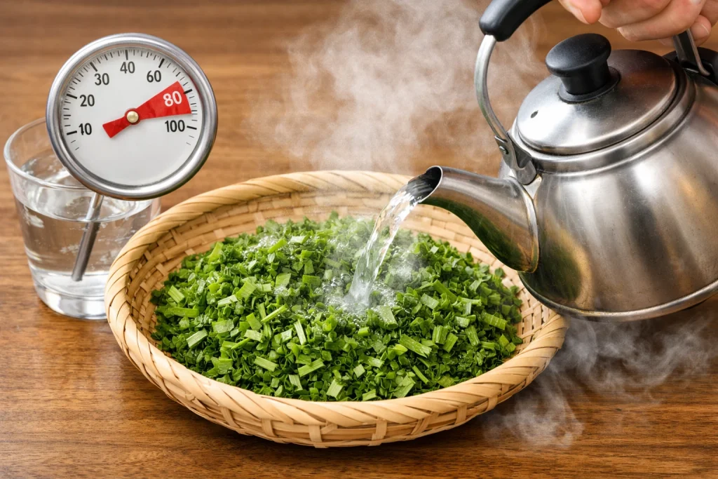 葉わさびの辛味の出し方で重要な80度の湯通し工程のイメージ