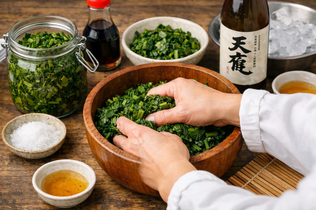 葉わさびの辛味の出し方で重要な塩揉みと下処理の工程