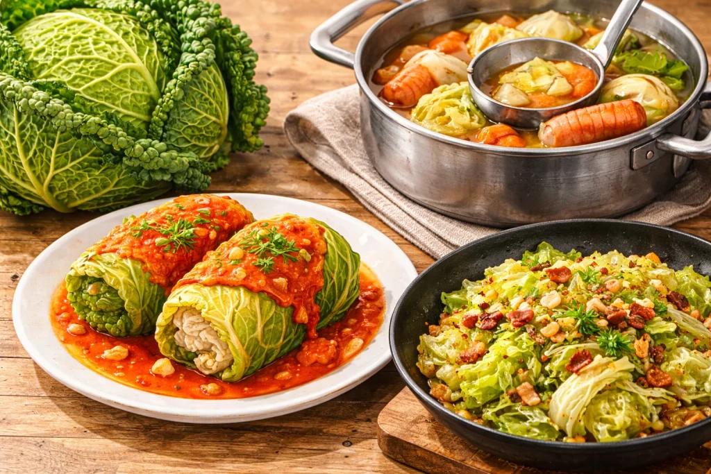 サボイキャベツを使った料理例。ロールキャベツ、ポトフ、蒸し炒めの3つの食べ方
