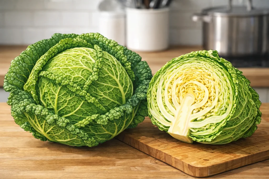 丸ごとのサボイキャベツと半分にカットした断面。ちりめん状の葉の特徴がわかる野菜