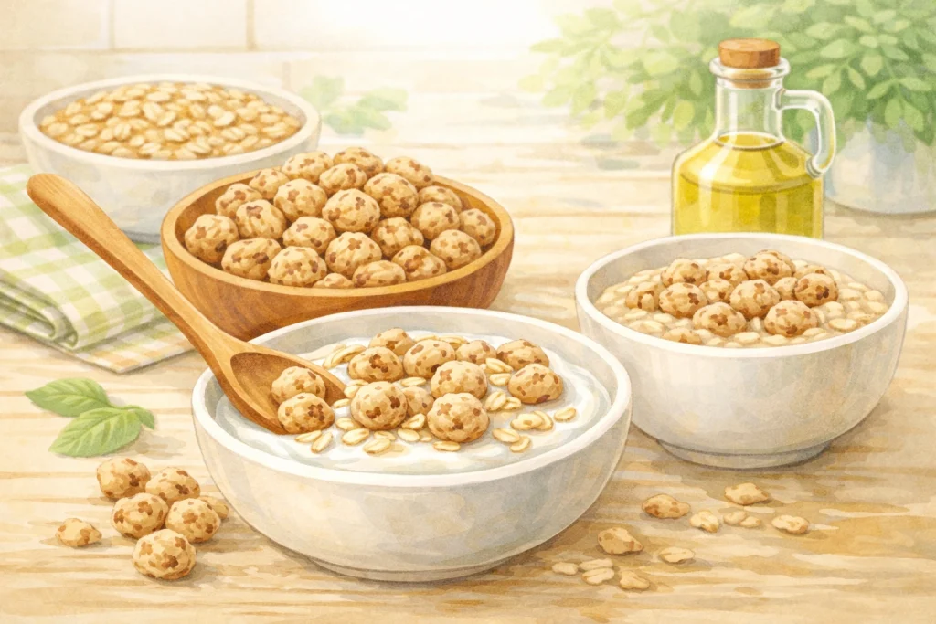 タイガーナッツをヨーグルトや穀物に合わせた食べ方をイメージしたやわらかい本文用イラスト