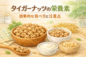 タイガーナッツの栄養素と効果的な食べ方をやわらかいイラストで表現したアイキャッチ画像